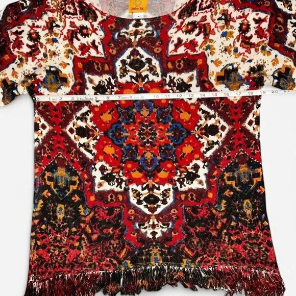 Burgundy and Red Tapestry Short Sleeve Knit Top with Bottom Hem Fringe - Picture 7 of 8